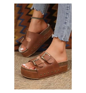 Double-buckle platform mules - Brown