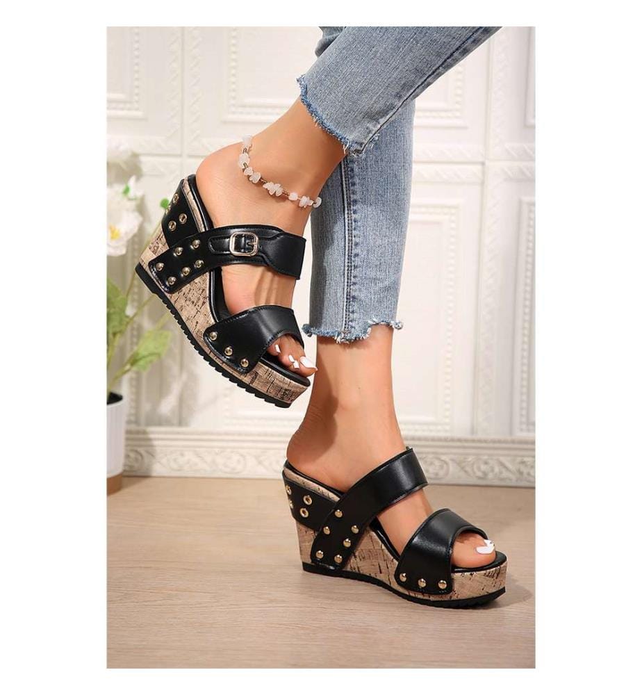 Double-Strap Wedge Mules - Black
