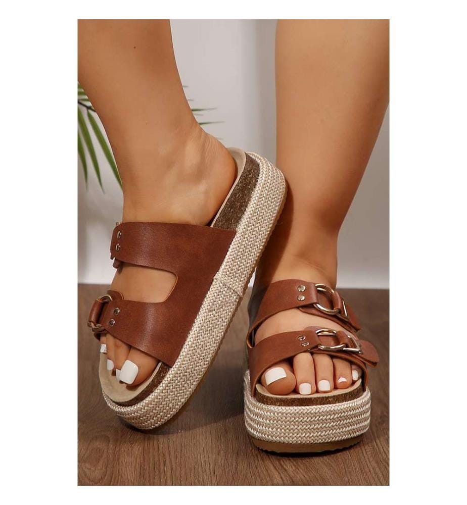 Double-Buckle Braided Platform Mules - Coffee