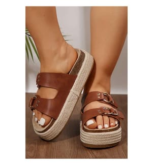 Double-Buckle Braided Platform Mules - Coffee