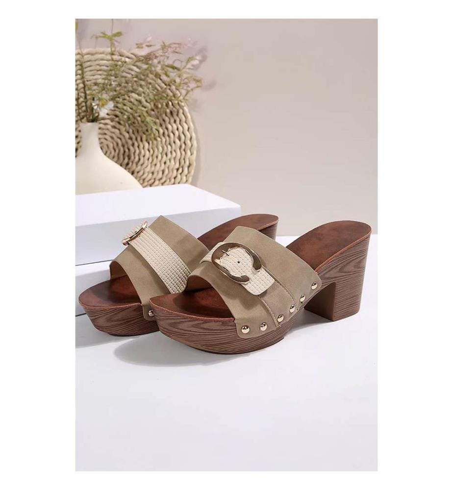 Chunky-heeled mules with a buckle - Light Khaki