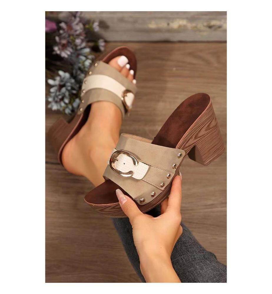 Chunky-heeled mules with a buckle - Light Khaki