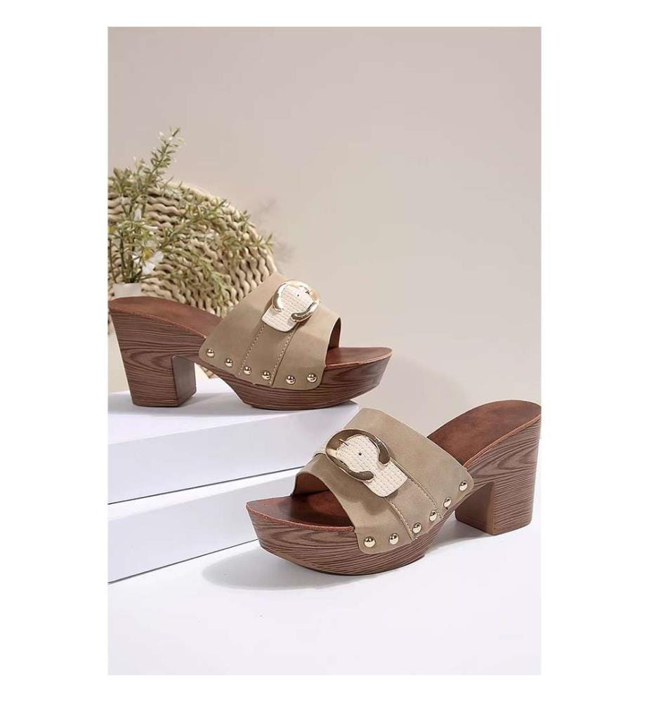 Chunky-heeled mules with a buckle - Light Khaki