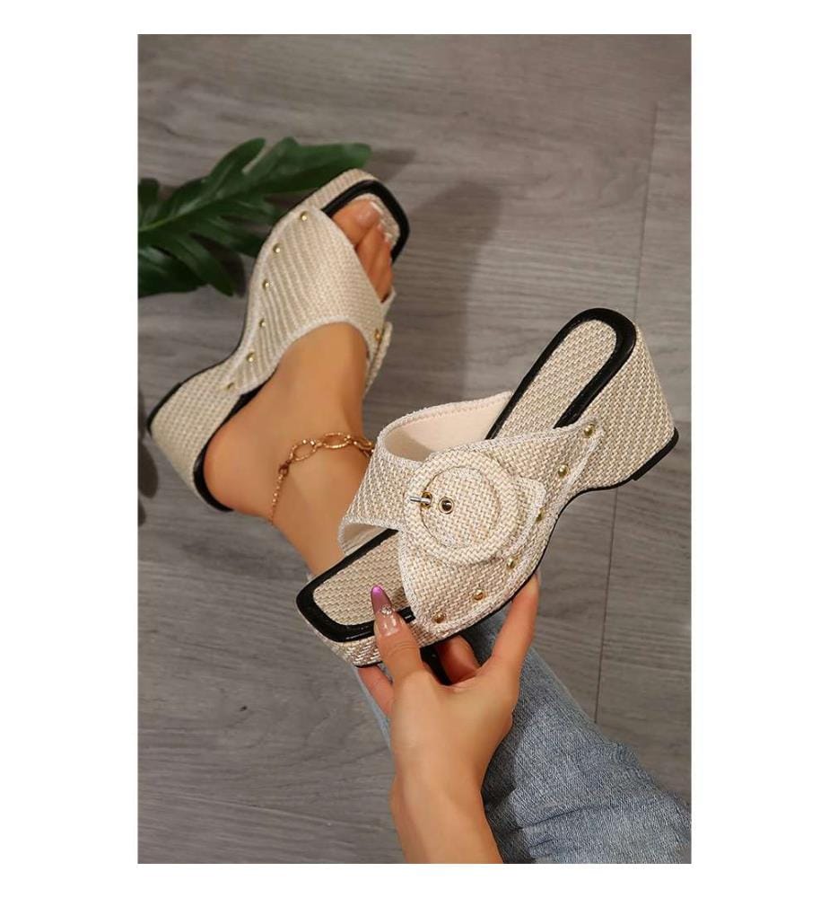 Woven-Strap Wedge Sandals - Beige
