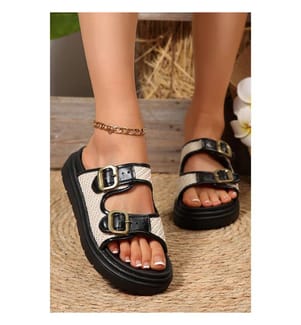 Double-Buckle Braided Platform Sandals - Black