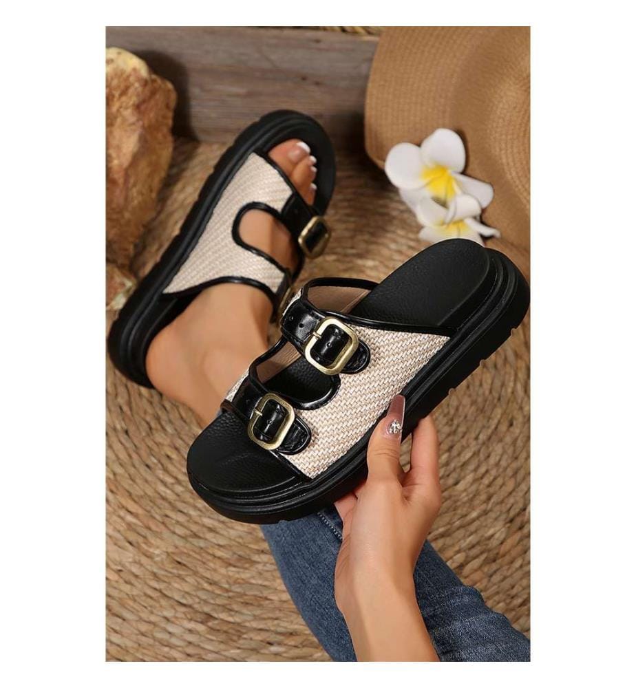 Double-Buckle Braided Platform Sandals - Black