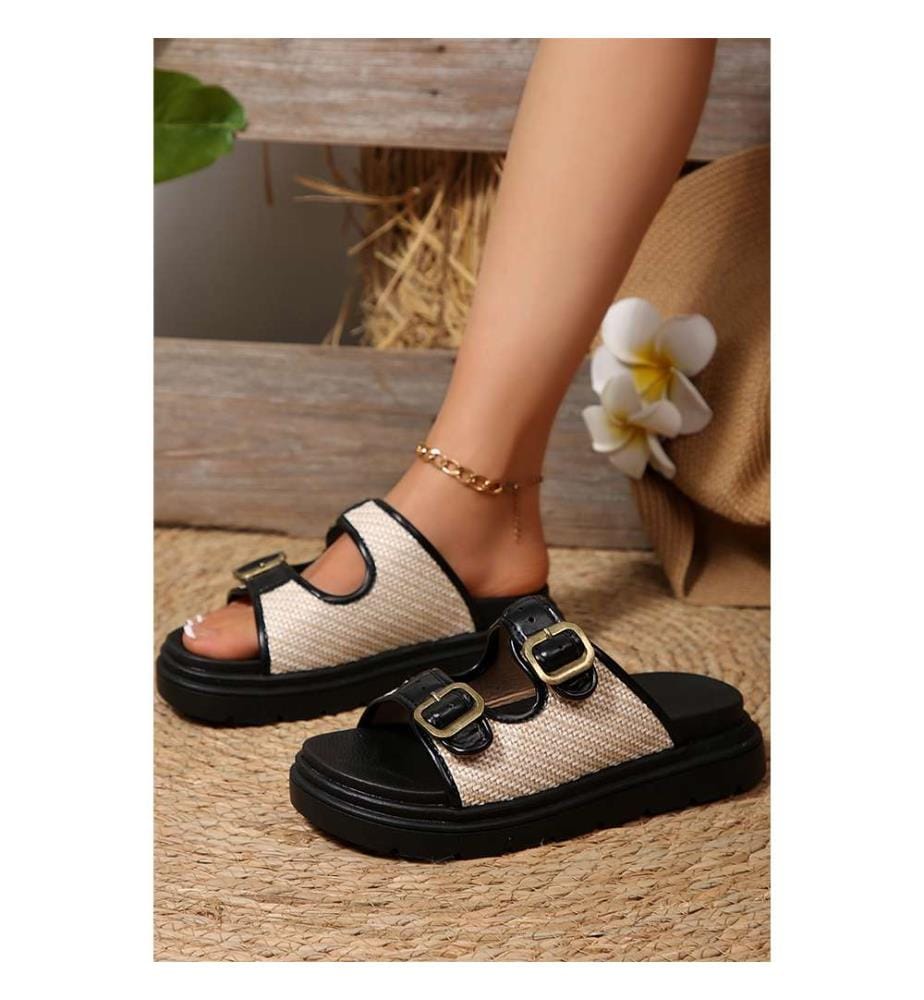 Double-Buckle Braided Platform Sandals - Black