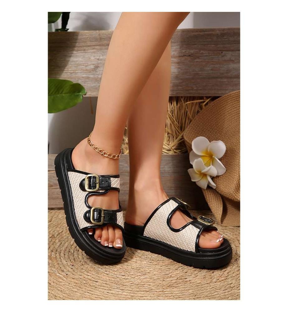 Double-Buckle Braided Platform Sandals - Black