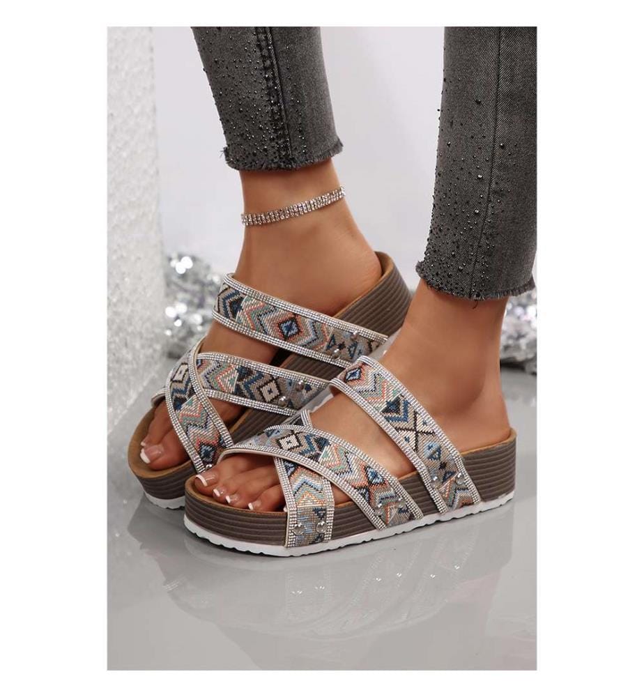 Platform Sandals with Rhinestones - Black