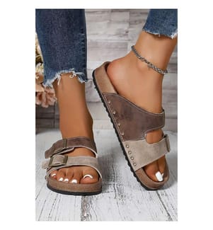 Openwork Suede-Look Sandals with Buckle - Coffee