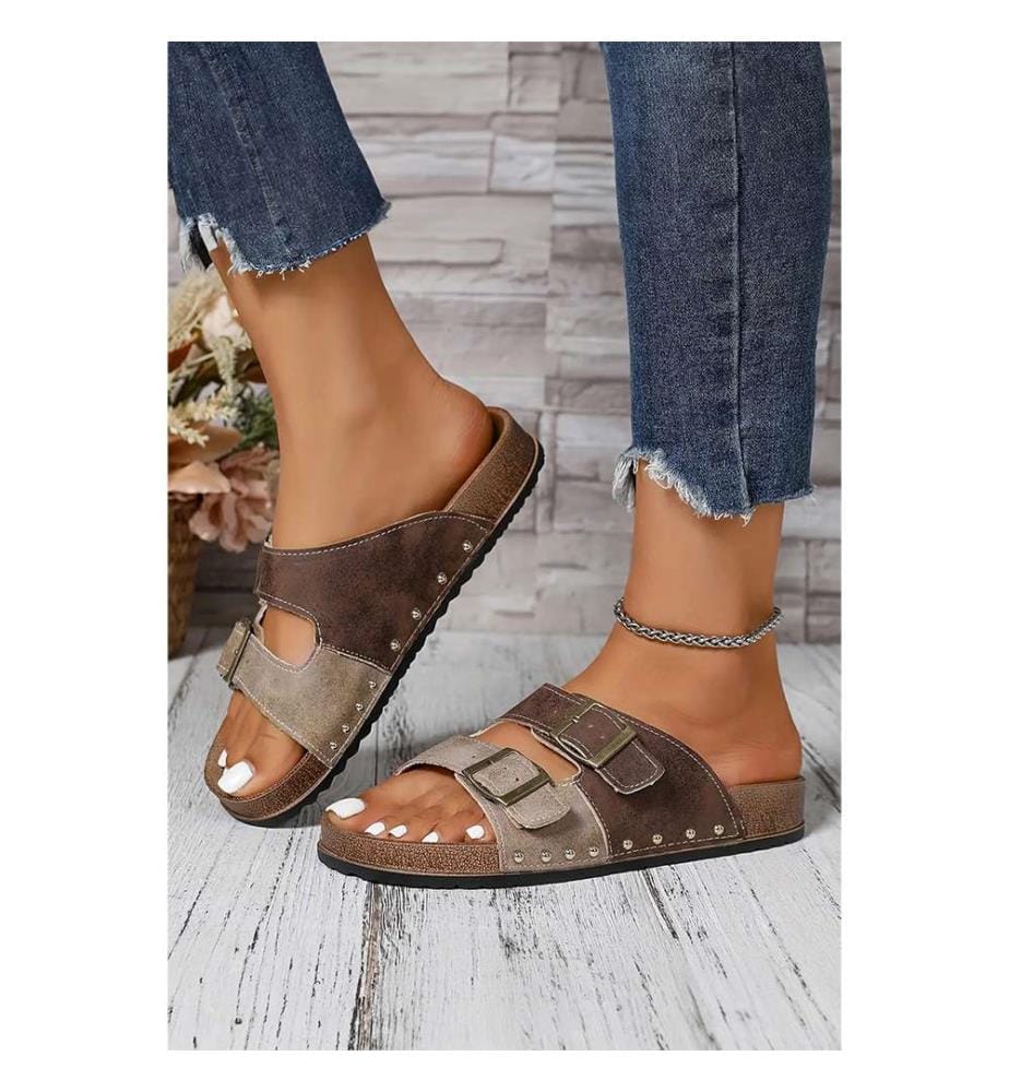 Openwork Suede-Look Sandals with Buckle - Coffee