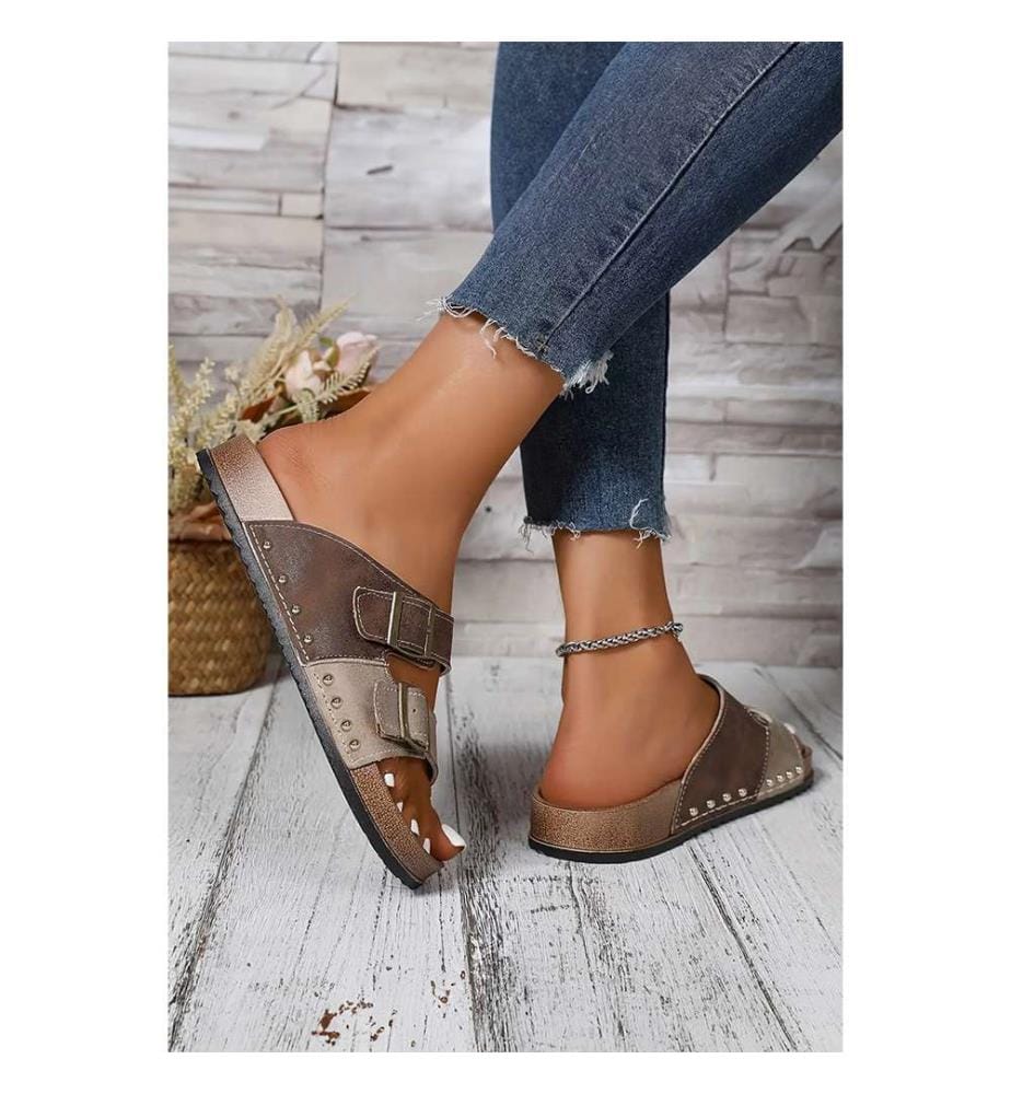 Openwork Suede-Look Sandals with Buckle - Coffee