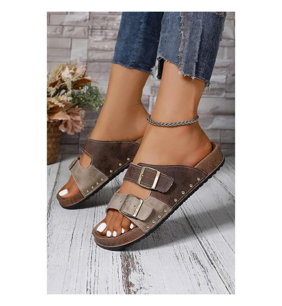 Openwork Suede-Look Sandals with Buckle - Coffee
