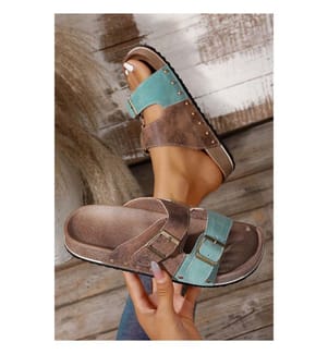 Openwork Suede-Look Sandals with Buckle - Light Blue