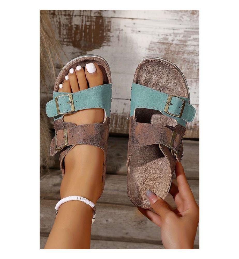 Openwork Suede-Look Sandals with Buckle - Light Blue