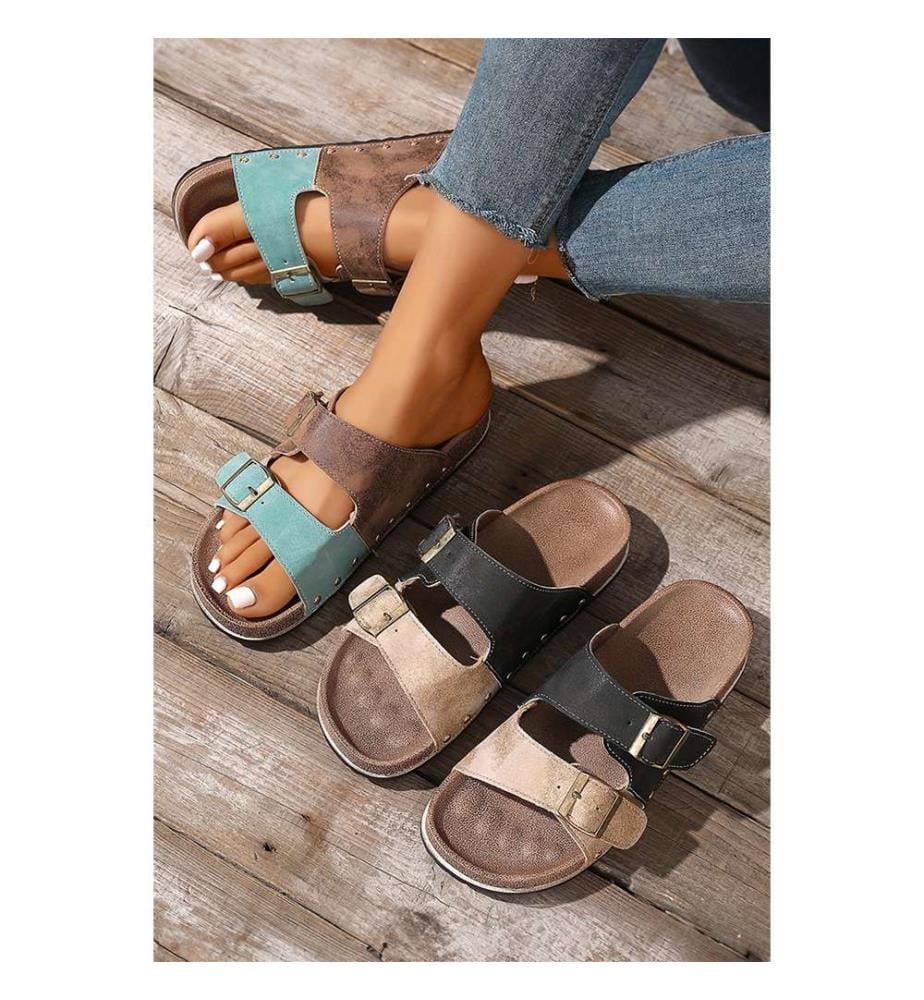 Openwork Suede-Look Sandals with Buckle - Light Blue