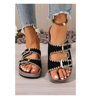 Retro Embroidered Faux Suede Sandals - Black