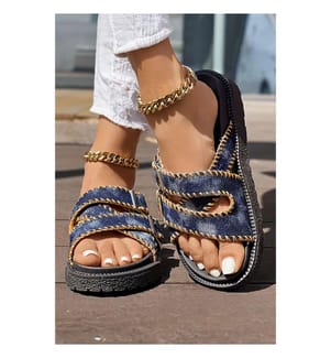 Retro Sandals in Openwork Denim - Navy Blue