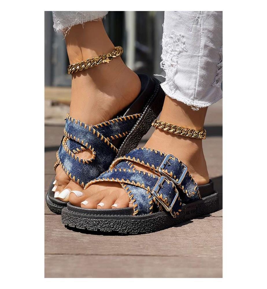 Retro Sandals in Openwork Denim - Navy Blue