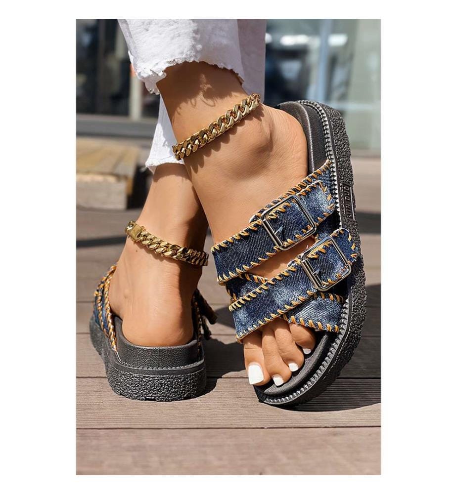 Retro Sandals in Openwork Denim - Navy Blue