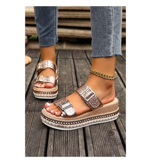 Metallic Wedge Sandals with Buckle - Gold