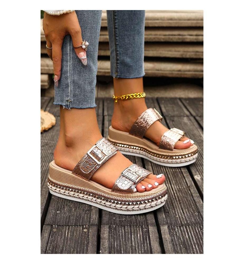Sandales compensées métallisées à boucle - Doré