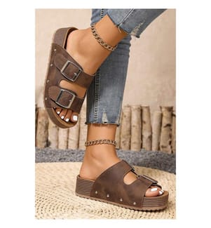 Retro Platform Mules with Double Buckles - Coffee