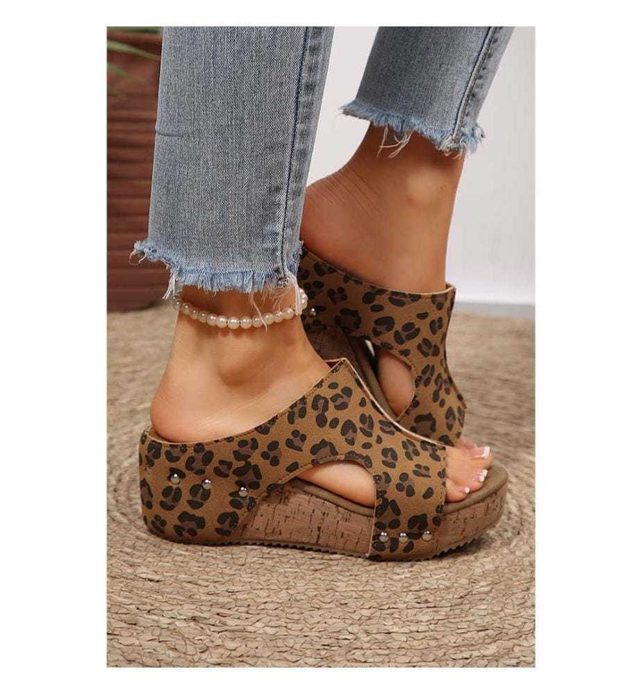 Leopard-Print Cutout Wedge Mules - Brown