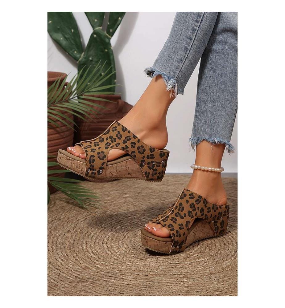 Leopard-Print Cutout Wedge Mules - Brown