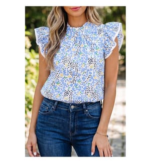 Sky blue top with abstract print, stand-up collar and butterfly sleeves