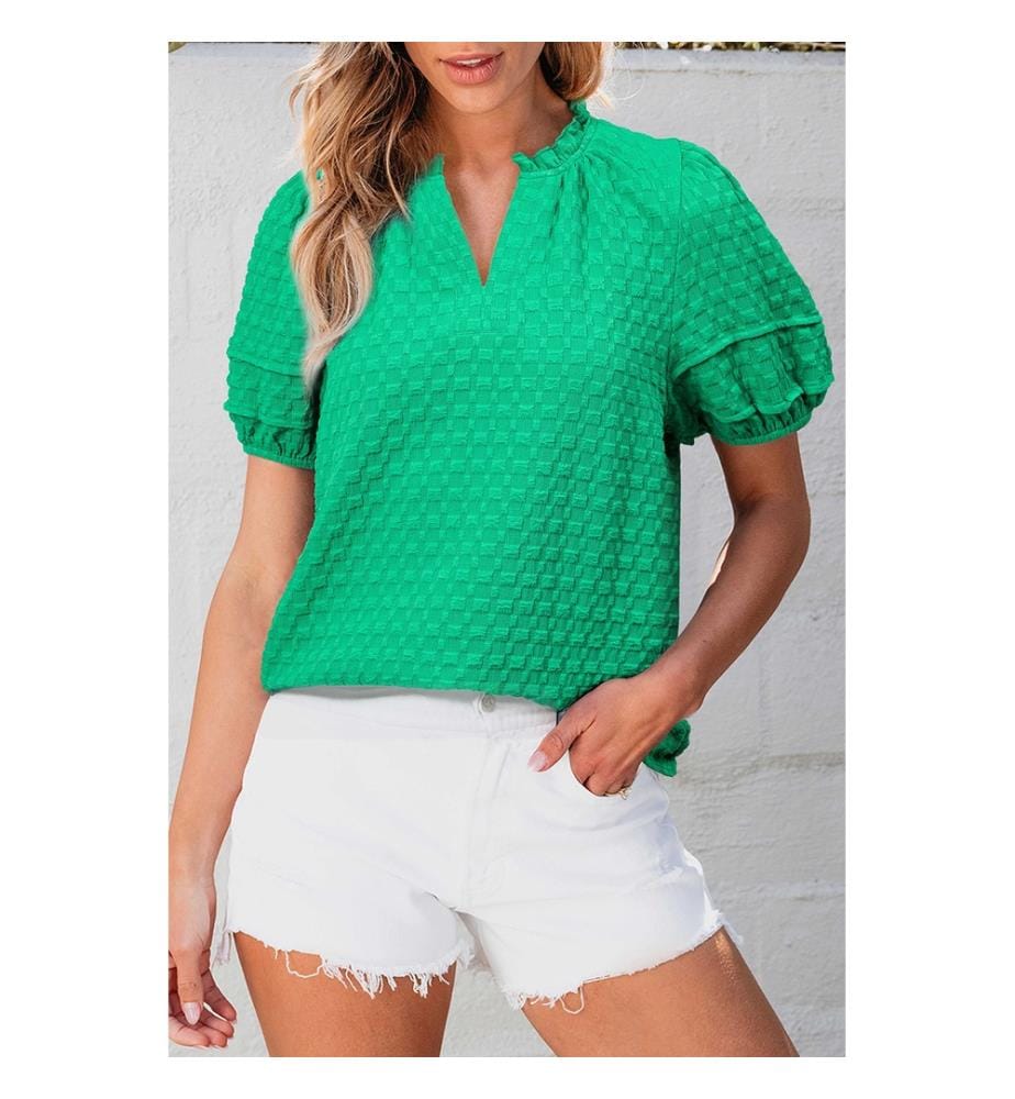 Bright Green Textured Short Sleeve Puff Top - Bright Green
