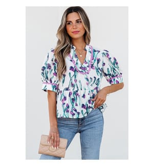 Purple Floral Ricrac Trim Half Sleeve Peplum Top - Purple