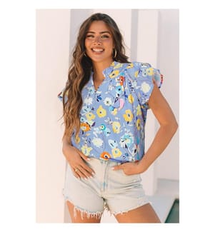 Sky Blue Floral Top with Flutter Sleeves - Sky Blue