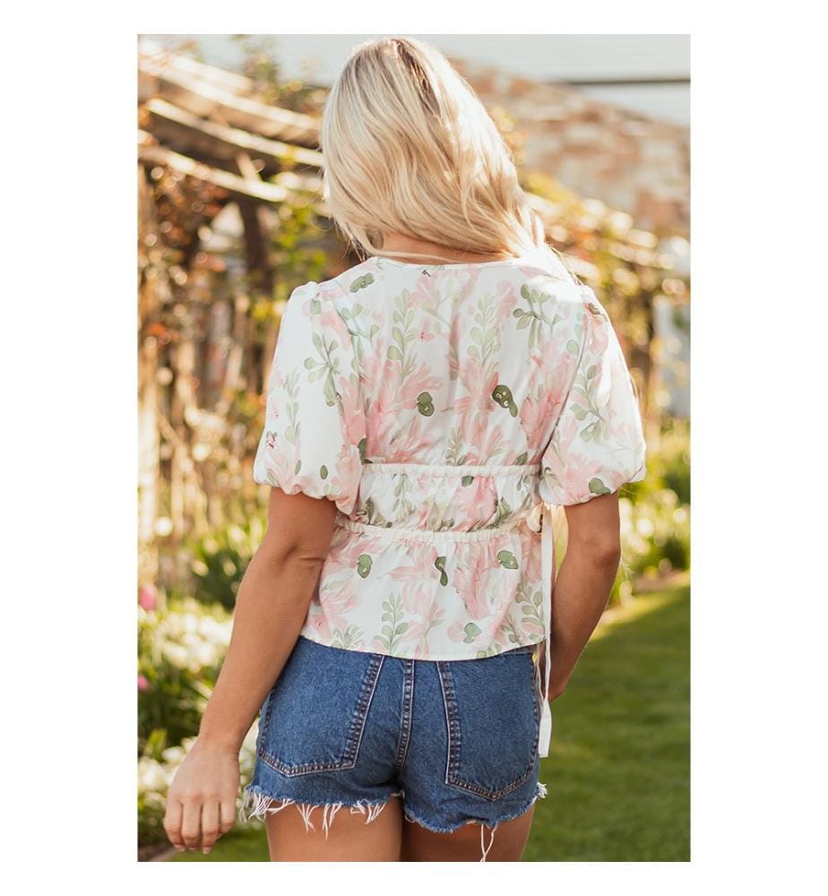 Basque blouse with pink flowers - Pink