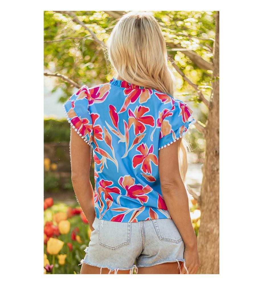 Sky Blue Floral Print Blouse - Sky Blue