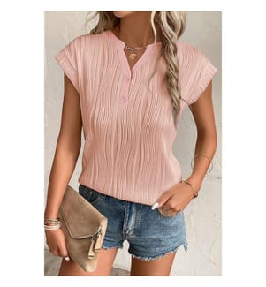 Textured V-neck T-shirt with buttons - Pink