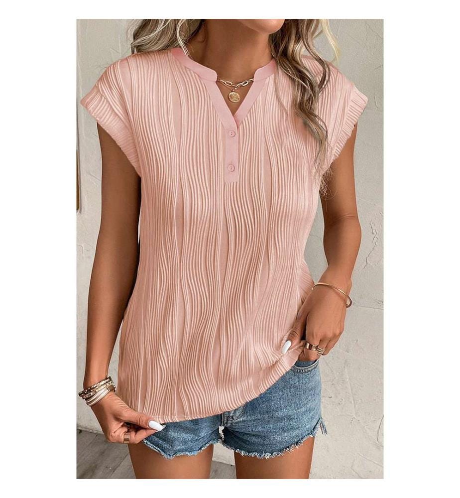 Strukturiertes T-Shirt mit V-Ausschnitt und Knöpfen – Rosa
