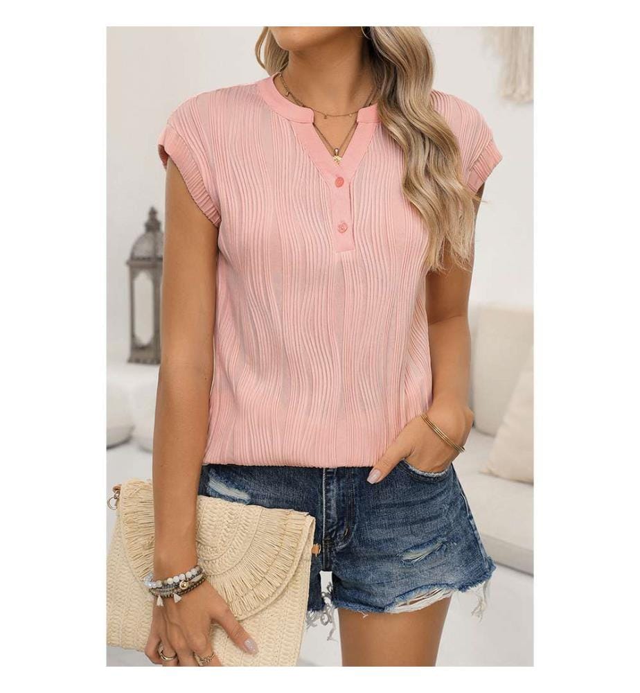 Strukturiertes T-Shirt mit V-Ausschnitt und Knöpfen – Rosa