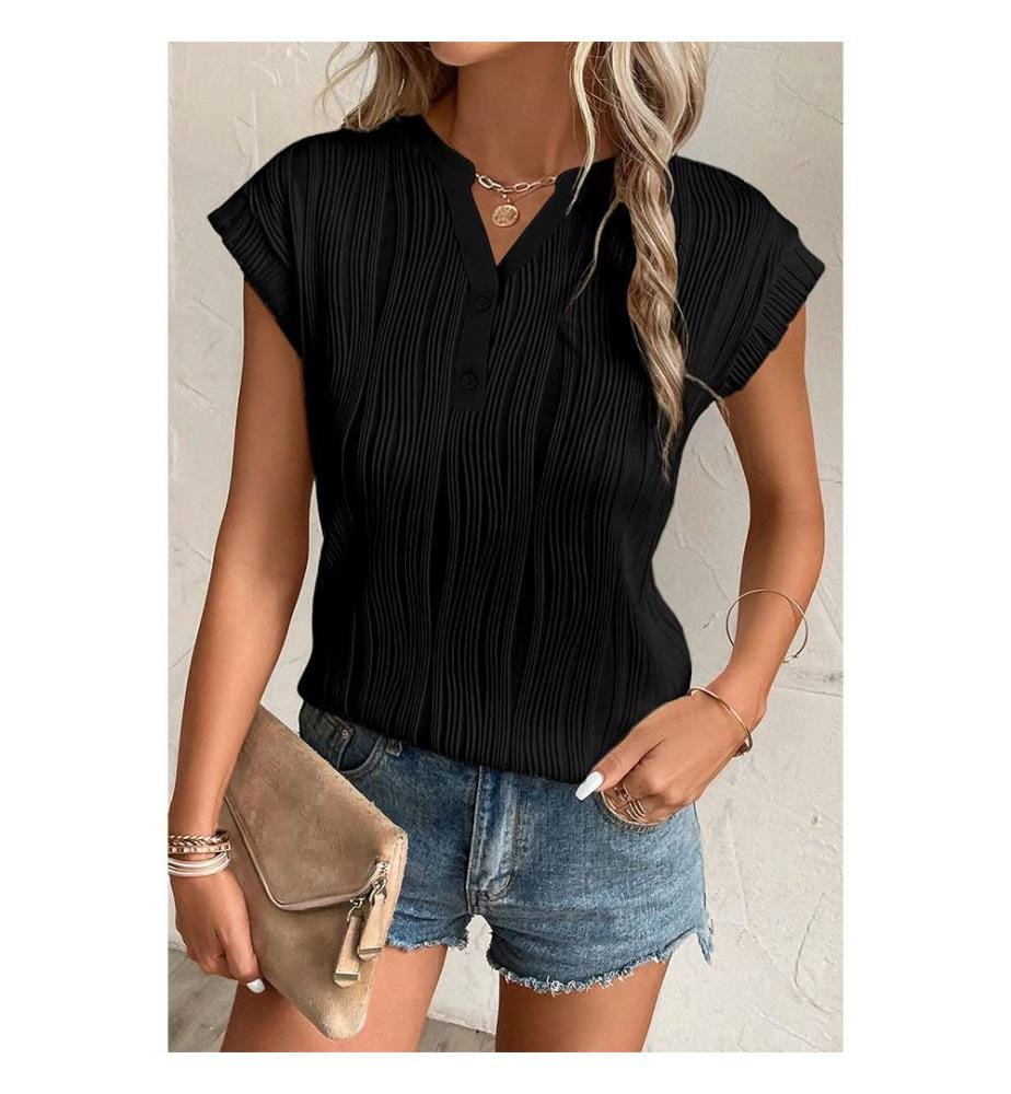Textured V-neck T-shirt with buttons - Black