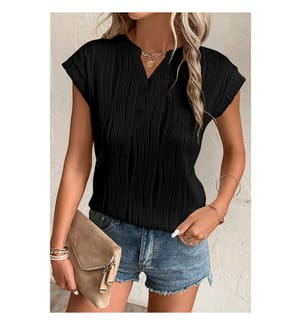 Textured V-neck T-shirt with buttons - Black