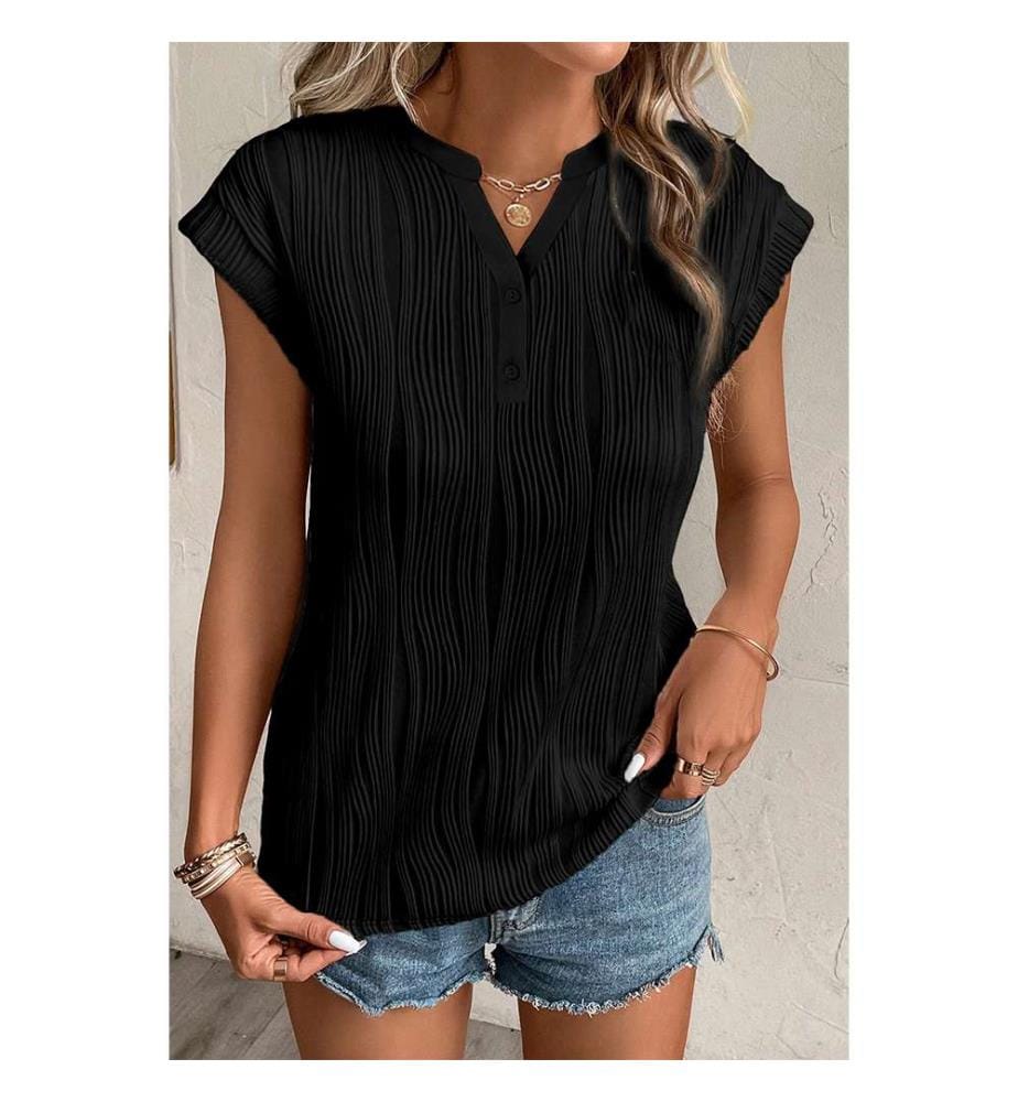 Textured V-neck T-shirt with buttons - Black