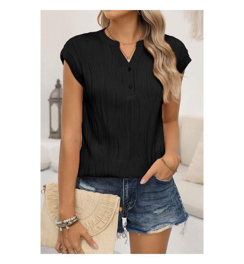 Textured V-neck T-shirt with buttons - Black
