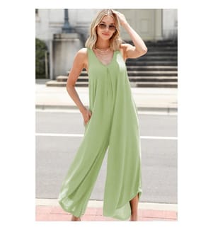 Prairie Green V-Neck Sleeveless Jumpsuit - Grass Green