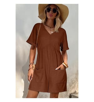 Short Zip Playsuit With V-Neck In Plain Mesh - Coffee - Coffee