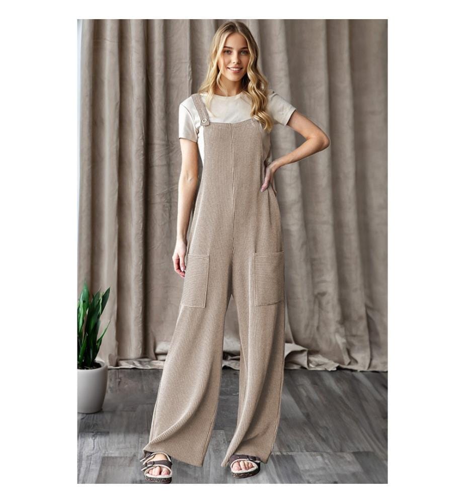 Parchment Ribbed Mesh Wide Leg Dungarees With Patch Pockets - Parchment