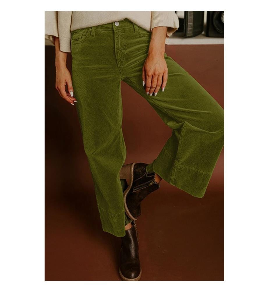 High Waisted Wide Leg Velvet Pants - Green