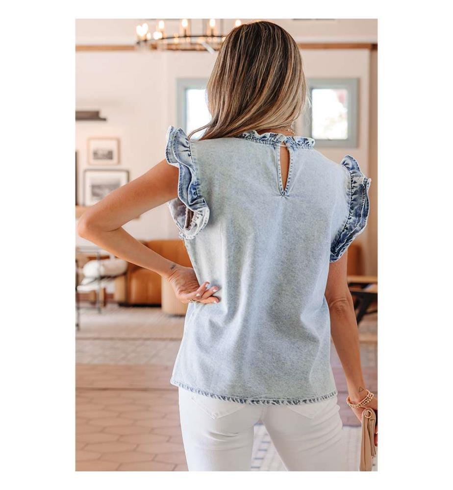 Denim Blouse with Ruffles - Blue