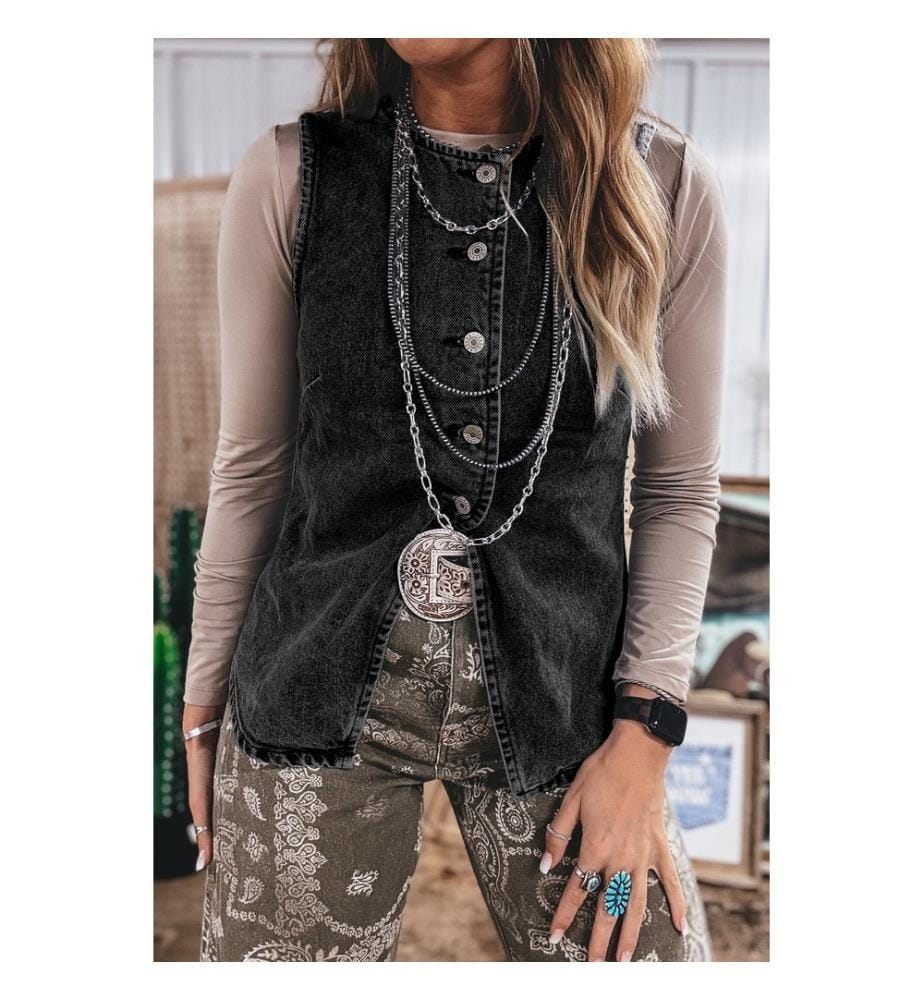 Black denim vest with buttons and front slit