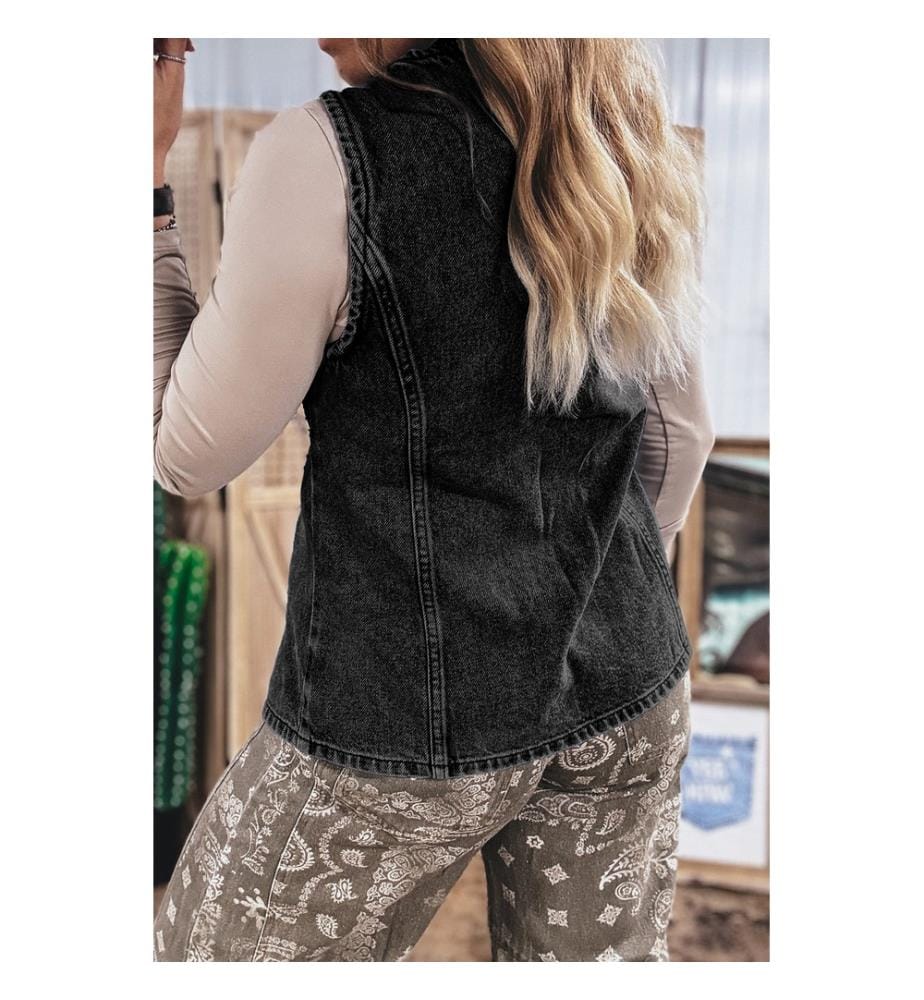 Black denim vest with buttons and front slit