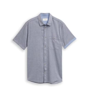 Chemise en coton à manches courtes, coupe régulière - Structure horizontale bleu marine